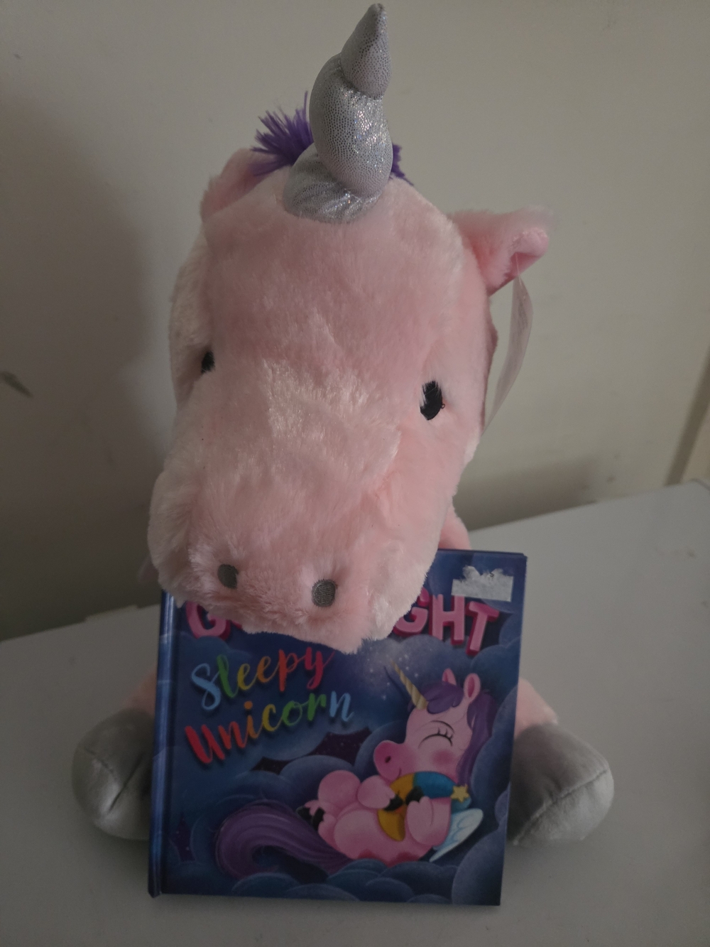 Pink Plush Unicorn Toy with Silver Horn and Storybook